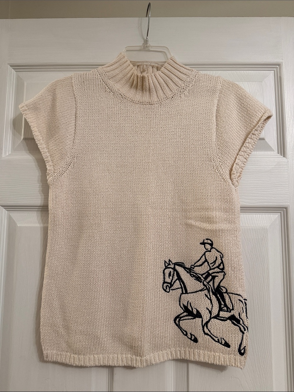 Maeve Cream Short-Sleeve Mock Neck Sweater with Navy Equestrian Motif